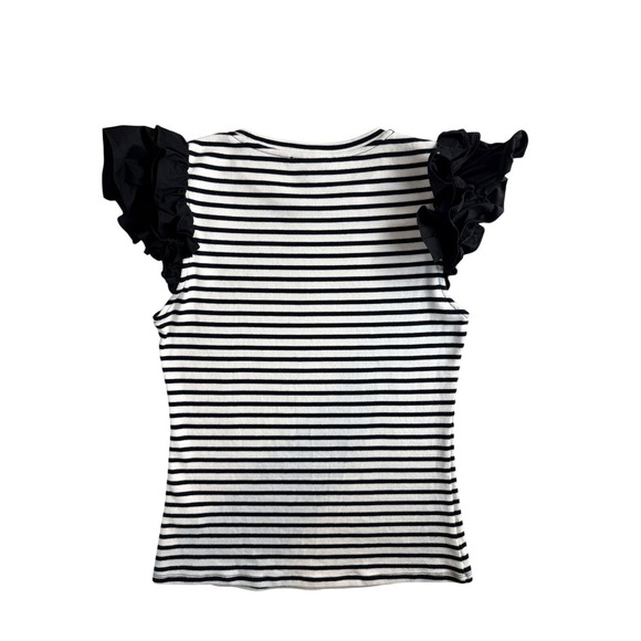 Gibson Latimer Women's Black and White Striped Ruffle Cap Sleeve Top S/M - Picture 3 of 7